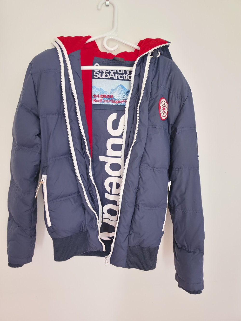 Superdry Women's Navy Puffer Jacket with Red Hood & Lining